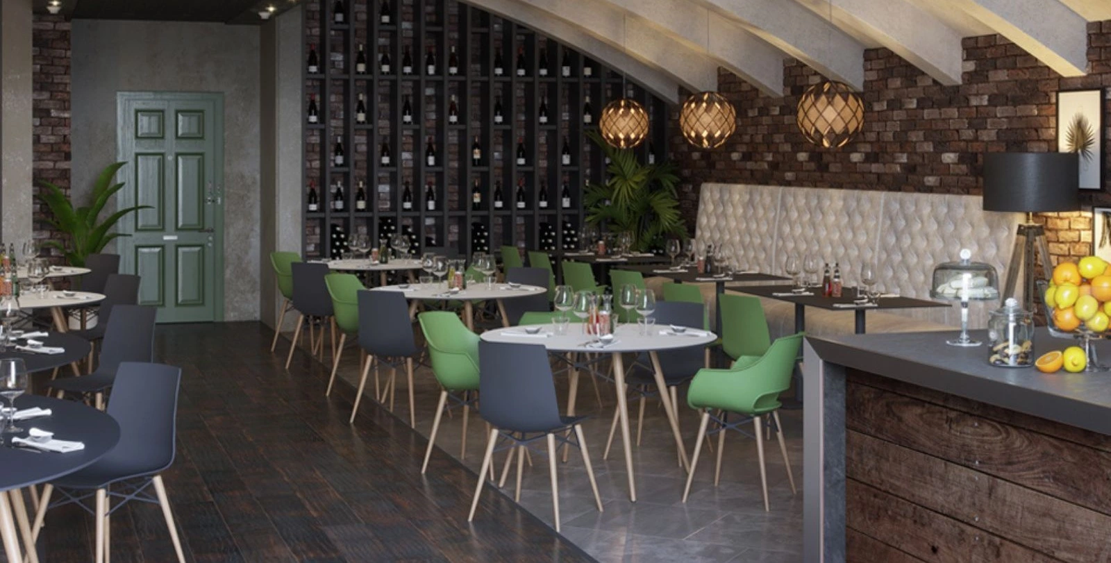 interjero dekoras, restorano interjeras, baldai restoranui, restorano apšvietimas, šviestuvai restoranui